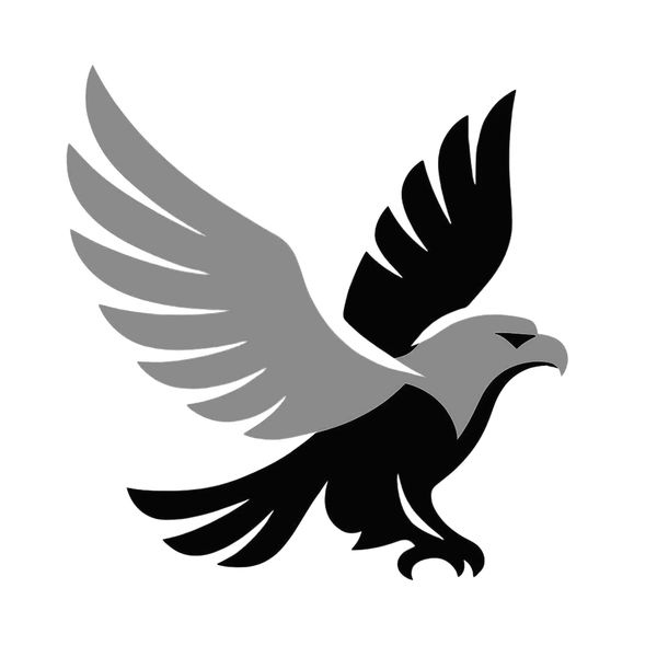 Stylized black and gray eagle with outstretched wings in flight.