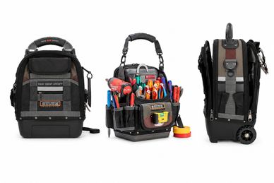 A durable rolling tool bag with multiple compartments filled with tools.