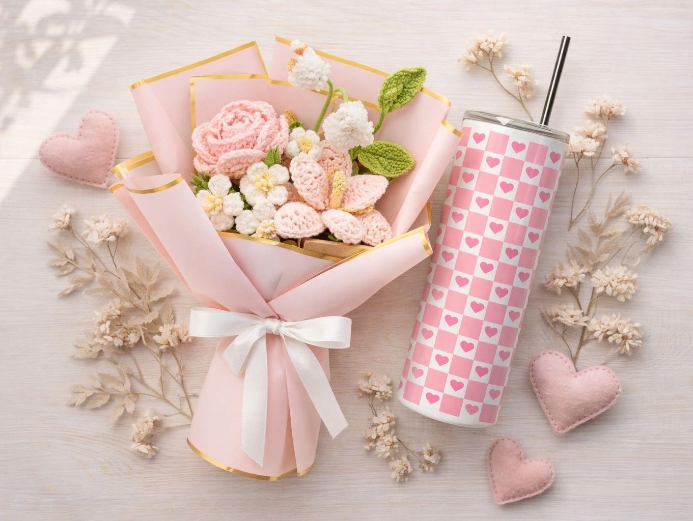 Crocheted flower bouquet and pink heart-patterned tumbler on a light wood surface.