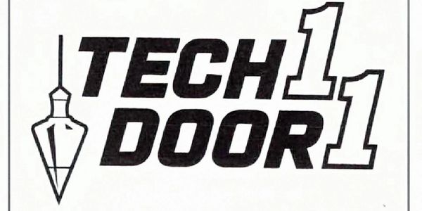 Logo with text TECH DOOR 11 and a geometric pendant design.