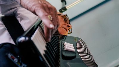Older Gentleman Playing Accordion At A Lake Benton Minnesota Music Fest Event