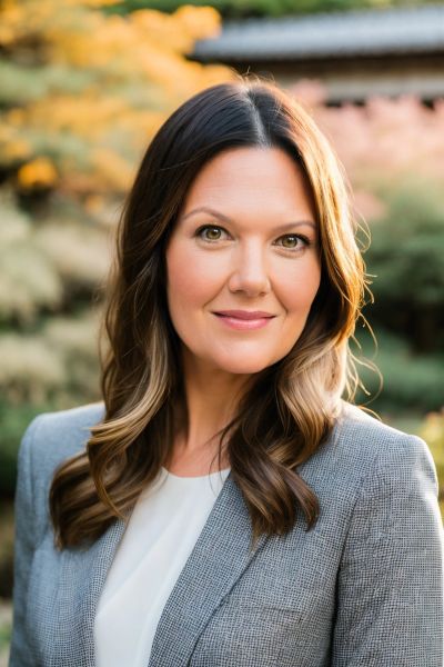 Professional woman with long brown hair in a gray blazer outdoors.