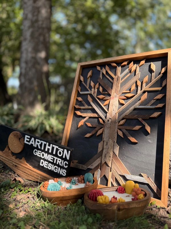 EarthTōn geometric designs art print with a stylized tree, candles, and a sign in a modern design