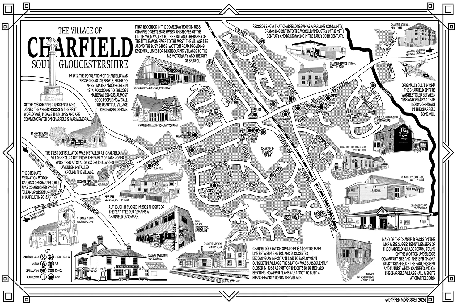 A map of Charfield, a village in South Gloucestershire. The map contains images of local landmarks.