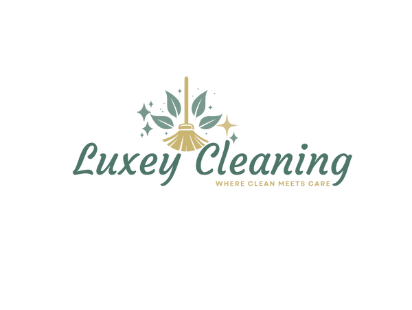 Luxey Cleaning logo with broom, leaves, and tagline.