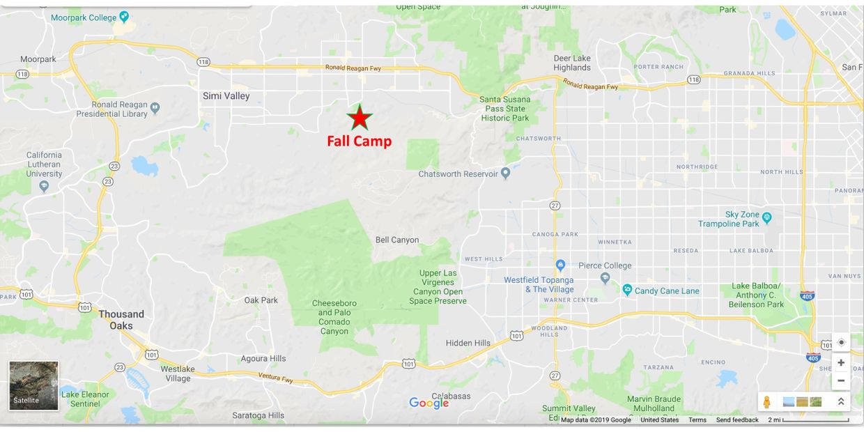 Fall Camp is just south of the 118 Freeway. The exit is Tapo Canyon Road. Fly into LAX.