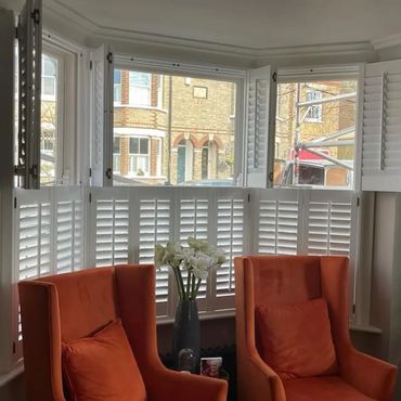 Top opening shutters on a 3 sided bay colour white