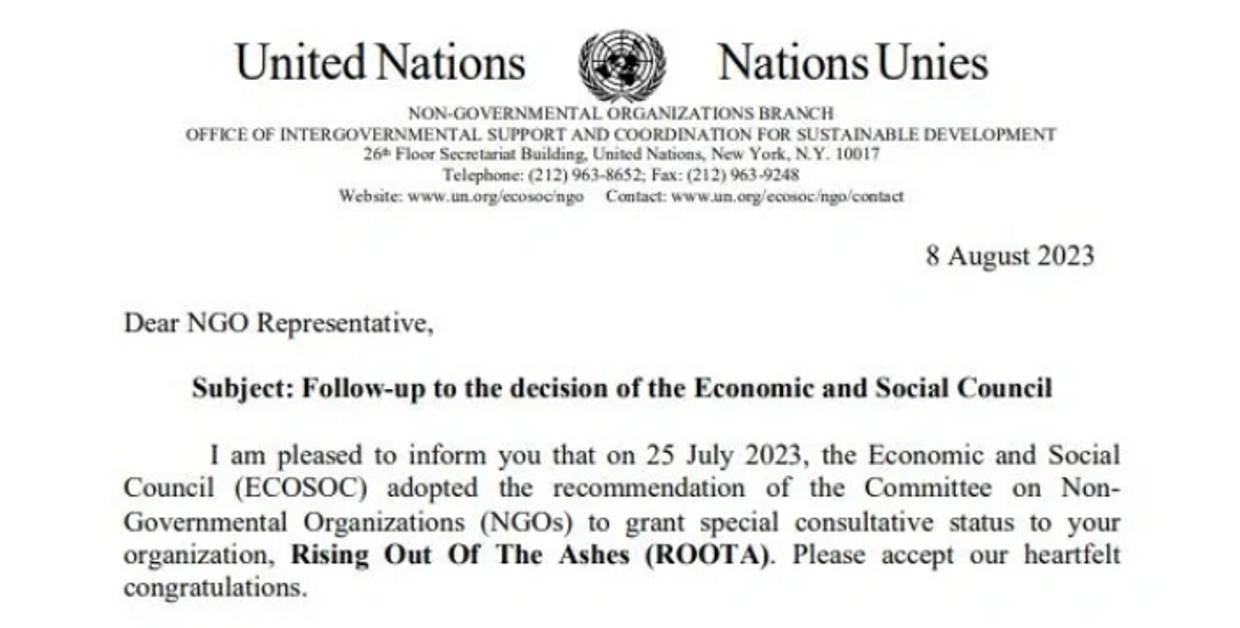 A letter from the UN ECOSOC  to ROOTA establishing ROOTA special consultative status