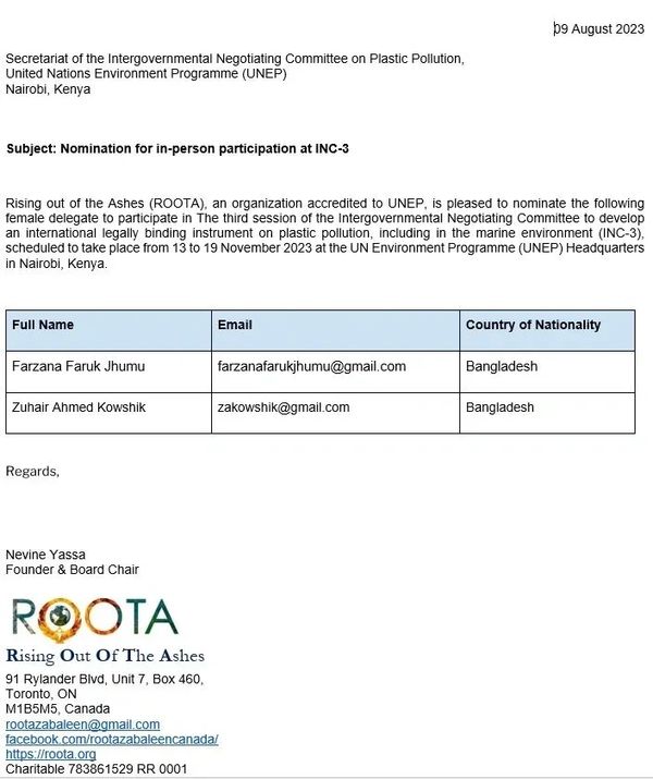 An email nominating two delegates from ROOTA for a UNEP event