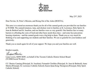 A thank you note from the Toronto Catholic District School Board