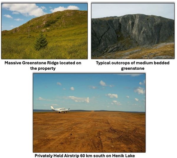 Greenstone ridge, rocky outcrops, and private airstrip in natural landscape.