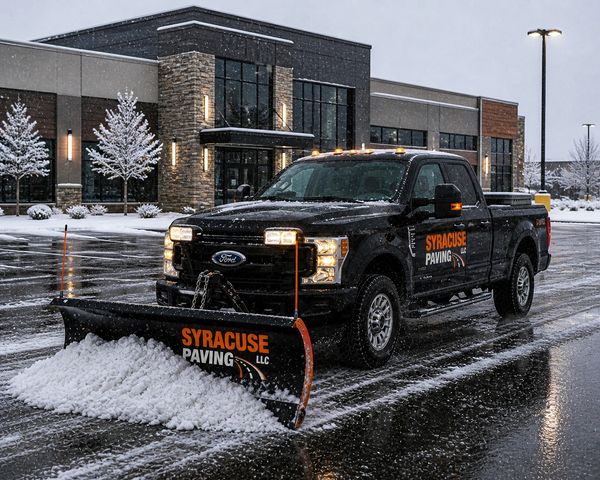 Black Ford snow plow truck from Syracuse Paving clearing snow in a parking lot.