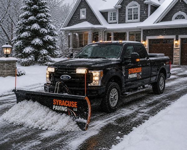Black Ford truck with snow plow clearing a snowy driveway in front of a house.