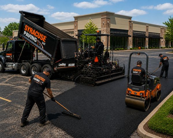 Workers paving a parking lot with new asphalt in front of a commercial building. Paving Syracuse, New York.
