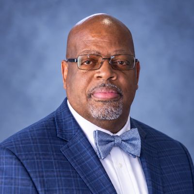 Professional man wearing glasses and a bow tie in a blue suit.