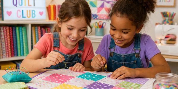 Two girls happily sewing a colorful quilt together.