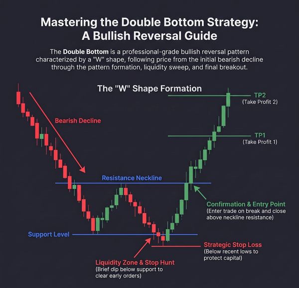 Chart explaining the Double Bottom bullish reversal strategy.