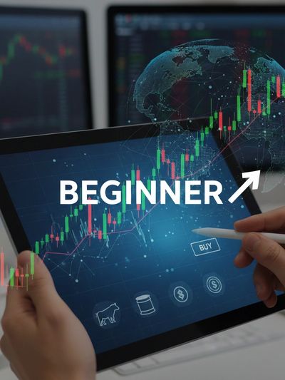 Tablet screen showing beginner stock trading interface with upward trend graph.