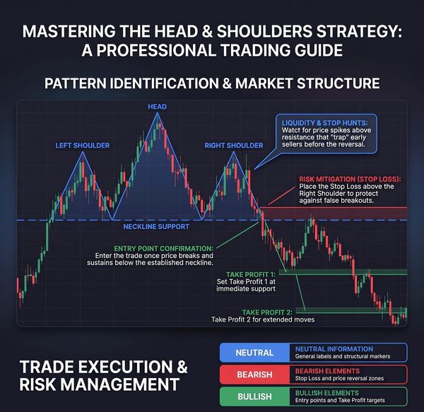 Head and Shoulders trading strategy guide with pattern labels and risk management.