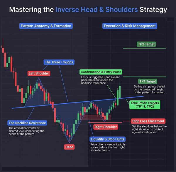 Chart explaining the Inverse Head & Shoulders strategy with key points and targets.