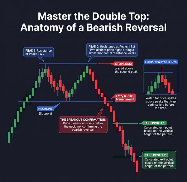 Chart explaining the double top bearish reversal pattern in trading.