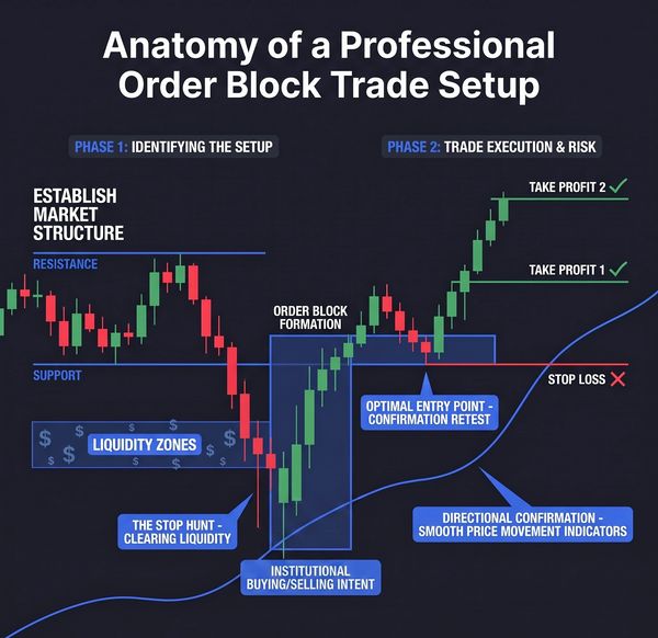 Detailed chart explaining professional order block trade setup phases.