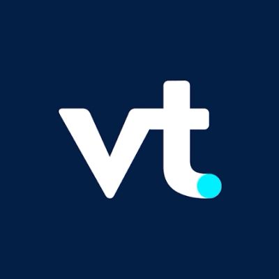 Logo with letters 'vt' on a dark blue background.