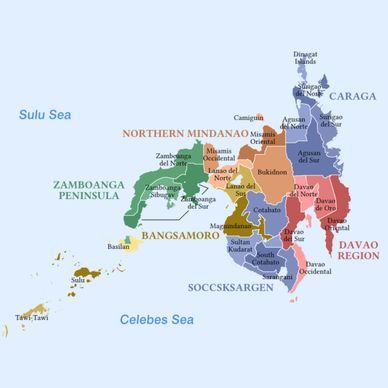 Map of Mindanao showing its regions and provinces in the Philippines.