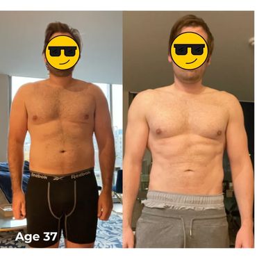 Before and after photos of a 37-year-old man's fitness transformation.