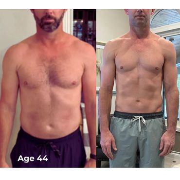 Before and after fitness transformation of a 44-year-old man.