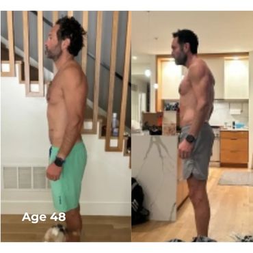 Side-by-side images of a man at age 48 showing fitness progress.