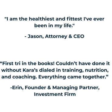Two testimonials praising Kara's training and coaching for fitness and triathlon success.