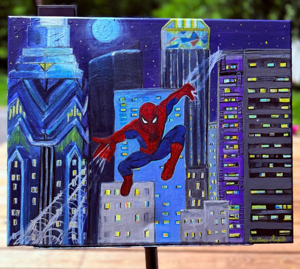 Painting of Spider-Man swinging through a cityscape at night.
