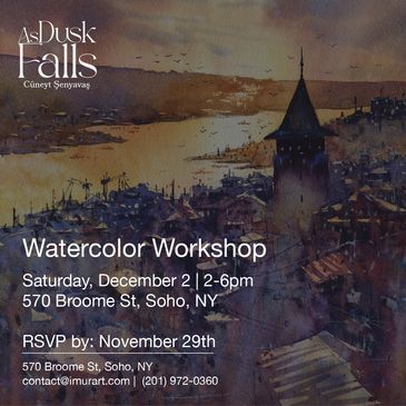 Watercolor Workshop poster with cityscape at dusk and event details.