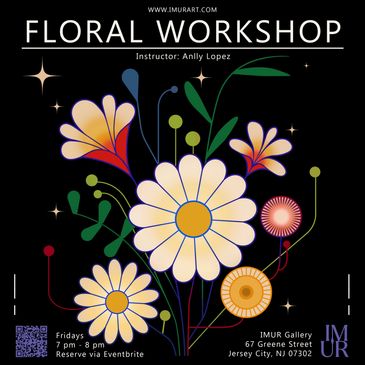 Floral workshop poster with colorful flower illustrations and event details.