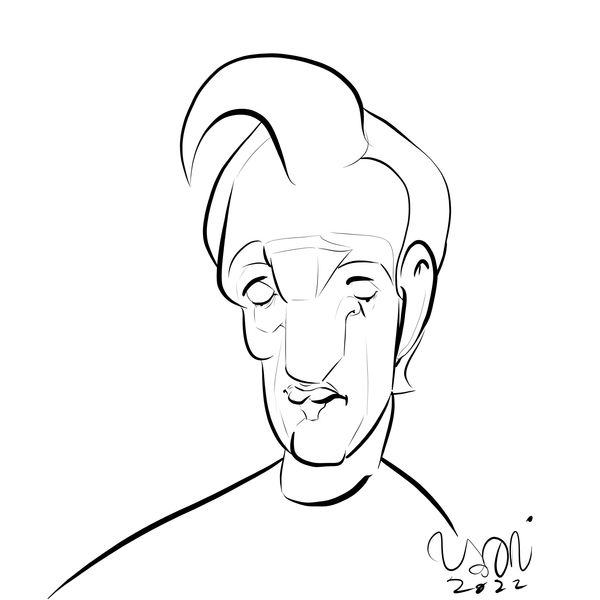 Abstract black and white caricature of a man with exaggerated facial features.