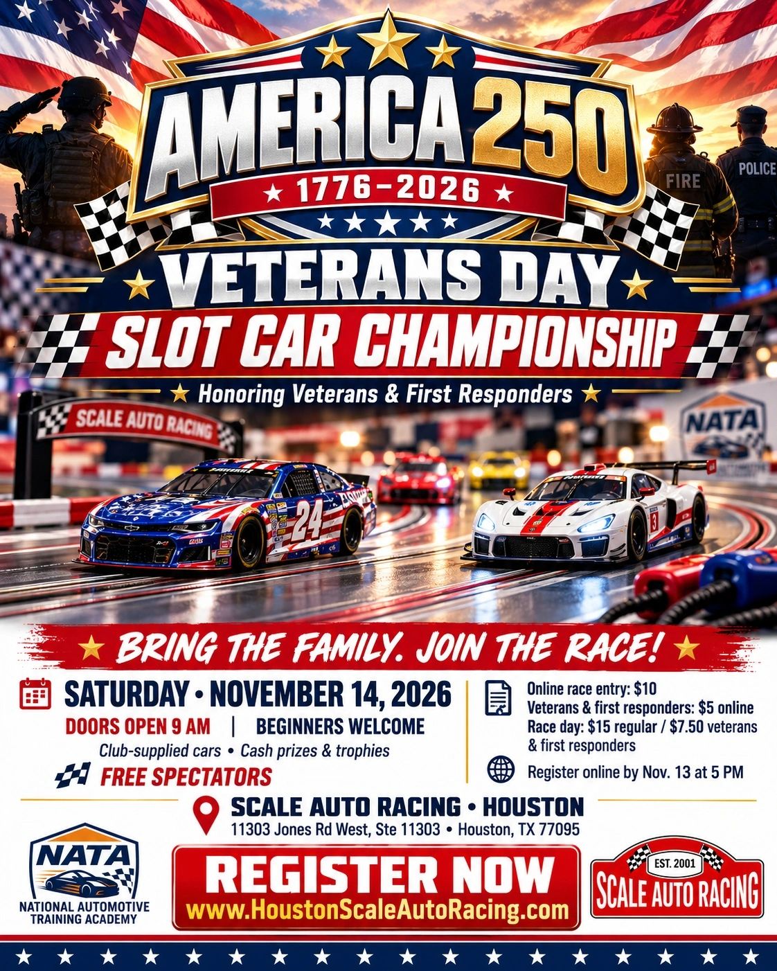 Veterans Day slot car race event on November 14, 2026, at Houston.