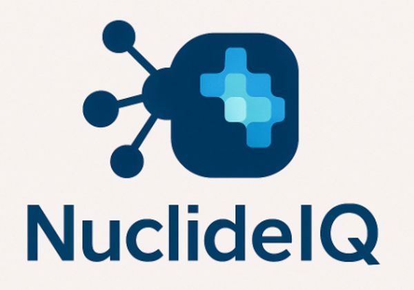 Logo of NuclideIQ with molecular design and blue shades.