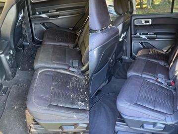 Comparison of a car's backseat before and after cleaning.