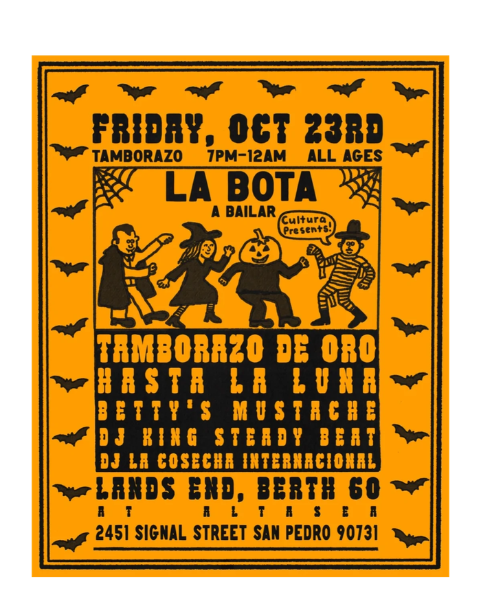 Halloween dance event flyer with bat border and dancing characters.