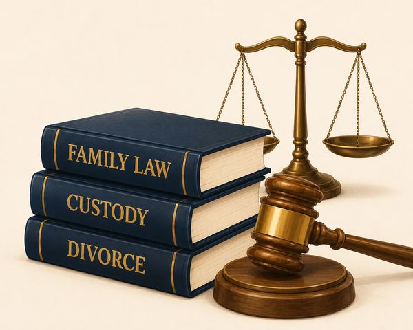 Legal books on family law, custody, divorce with gavel and scales of justice.