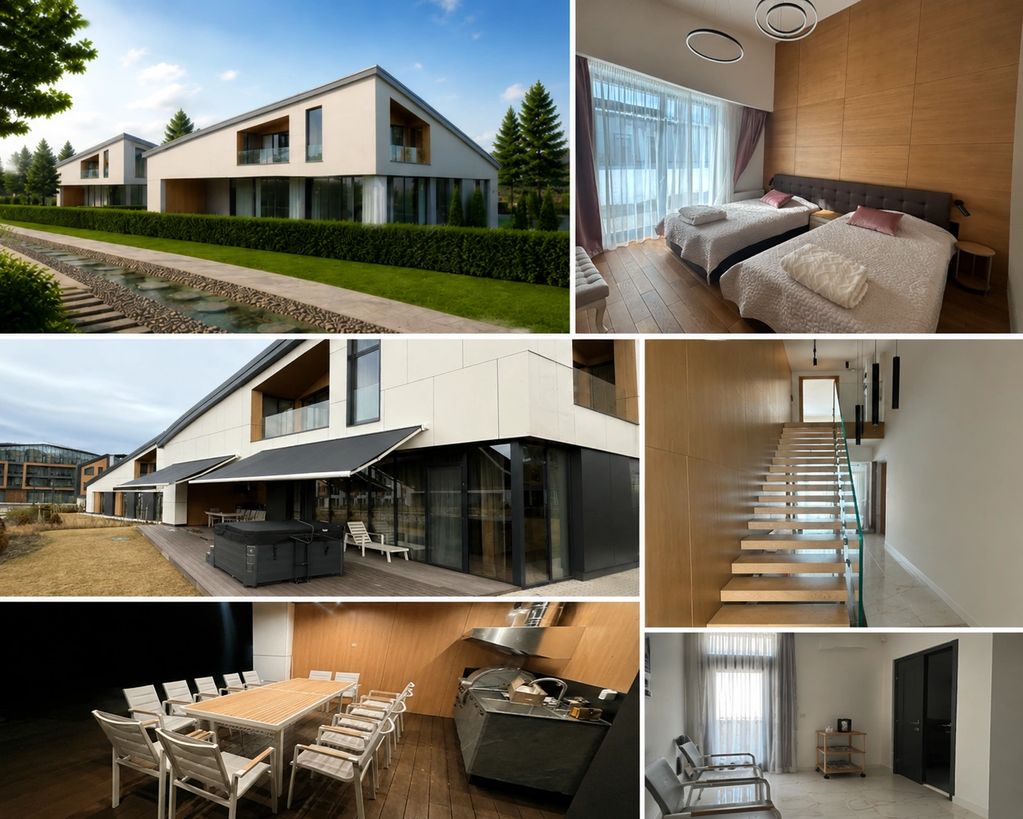 Modern house exterior and interior with bedroom, deck, staircase, and dining area.
