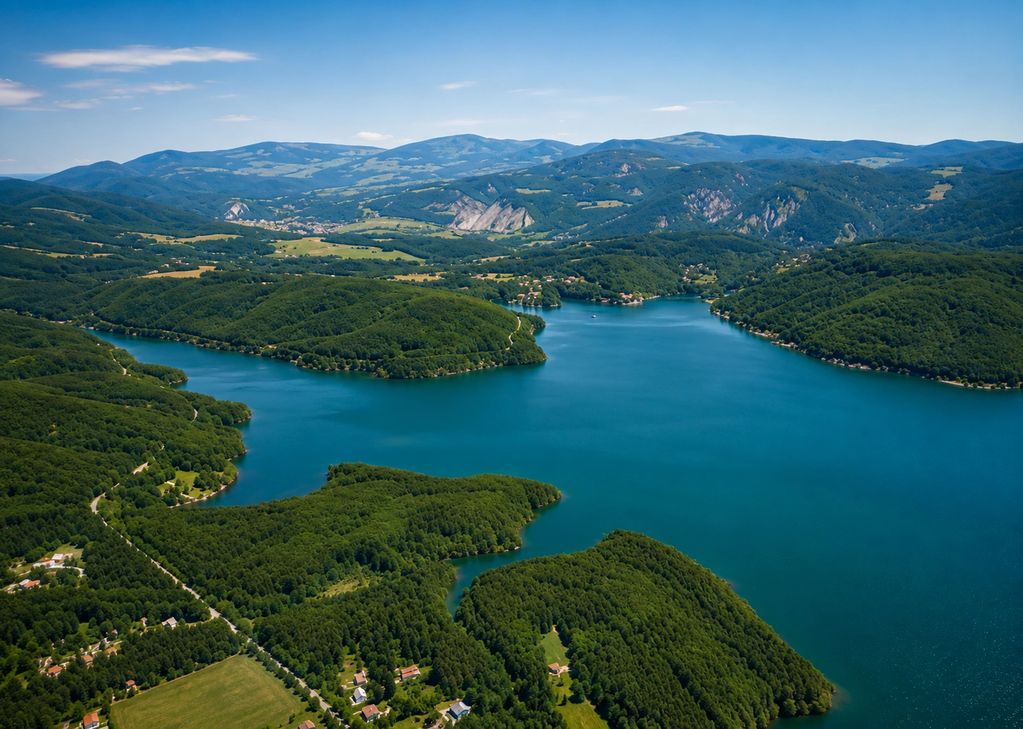 A scenic aerial view of a lake surrounded by lush green forests and distant mountains.