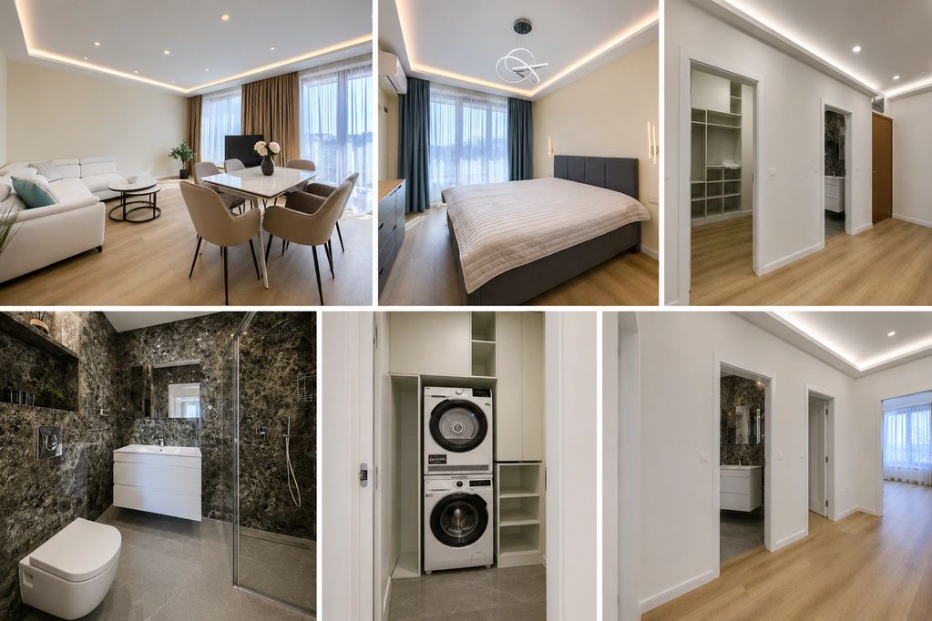 Modern apartment with sleek interiors, spacious living, and elegant bathroom.