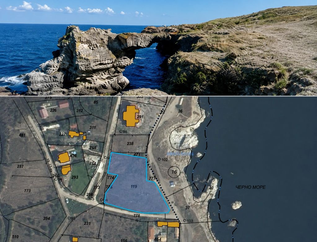 Natural rock arch over the sea with a coastal map below.
