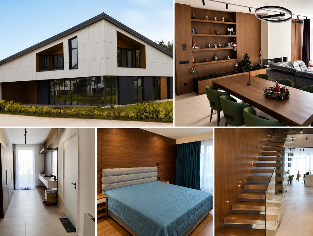 Modern house exterior and interior with wooden accents and sleek design.