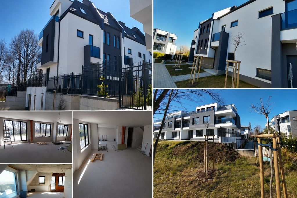 Modern residential buildings with a clean, contemporary design and some interior construction progress.