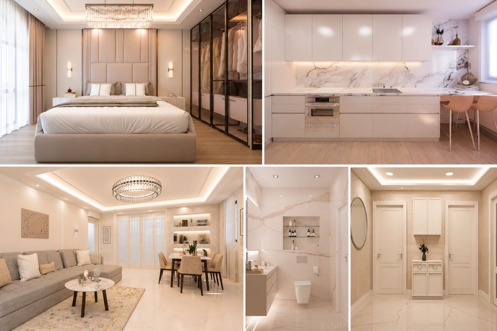 Modern beige-themed interior with bedroom, kitchen, living room, bathroom, and hallway.