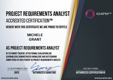 Project Requirements Analyst certification awarded to Michele Grant on 12 September 2024.