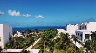 Ocean view with white buildings and palm trees under a clear blue sky.